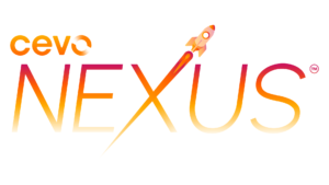 Cevo Nexus logo, orange and pink text with rocket flying through the x