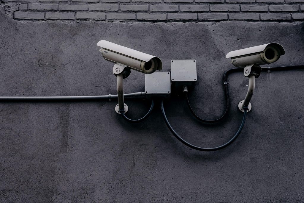A charcoal grey rendered wall with two security cameras pointed east and west.