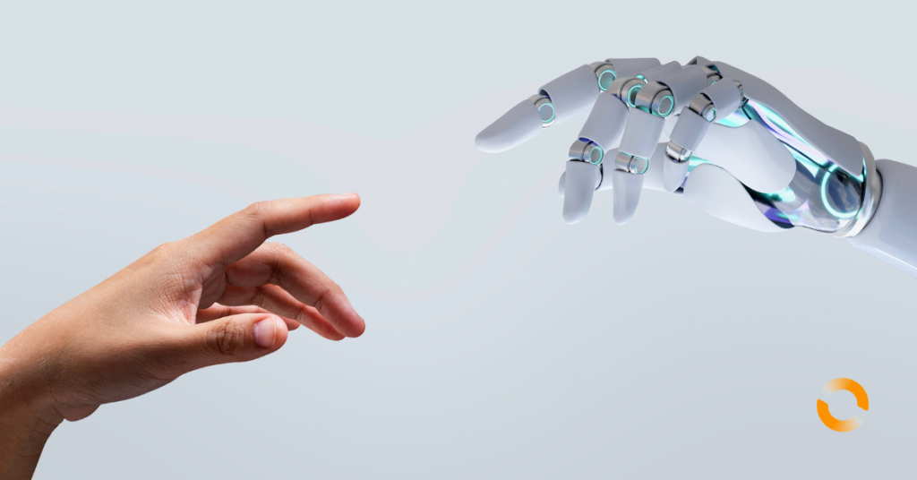 A. human hand reaching for a robotic hand. Prompt Engineering for AWS