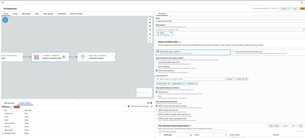 Glue-Job-Detect-PII - AWS Glue Studio Guide: No-Code PII Redaction in CSV Files