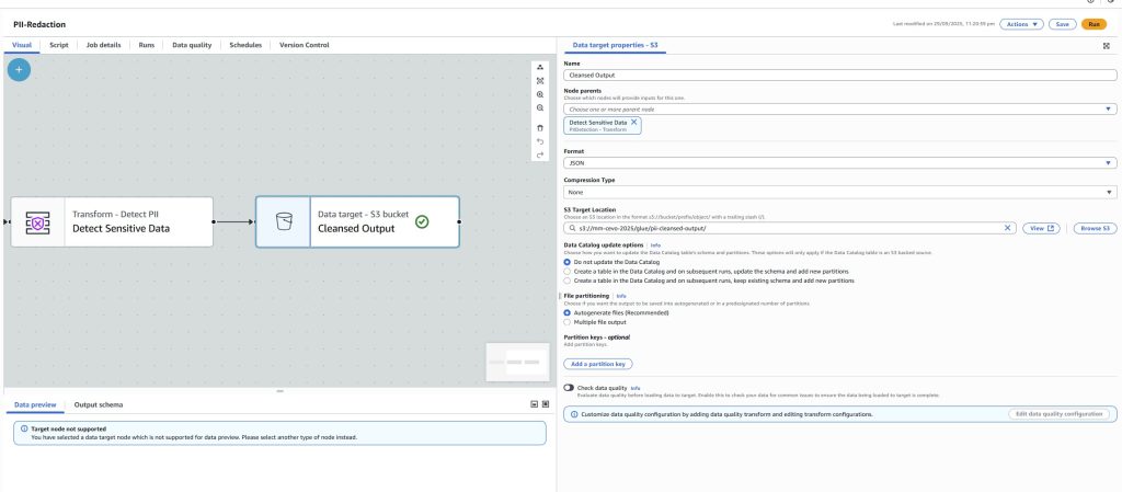 Glue-Job-Data-Output - AWS Glue Studio Guide: No-Code PII Redaction in CSV Files