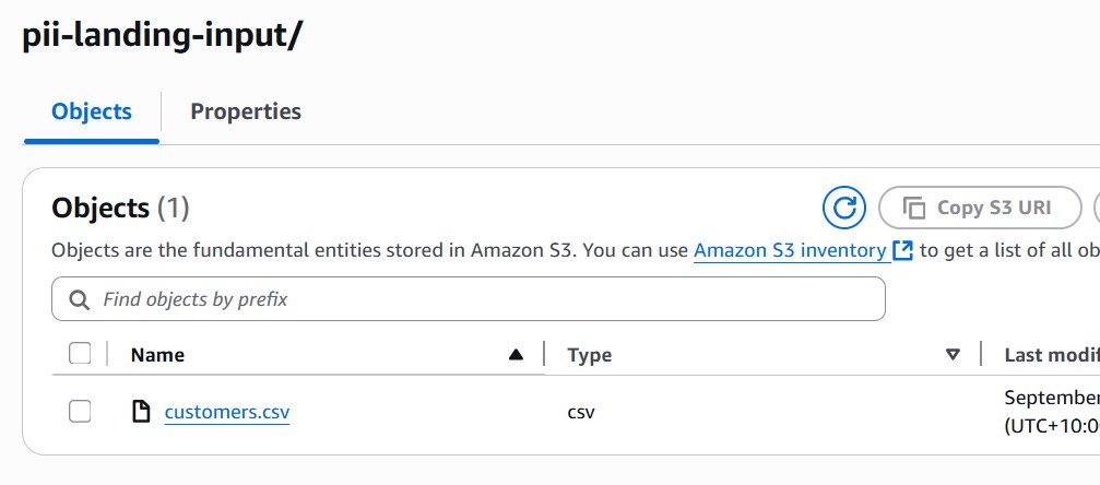 S3 landing bucket input - AWS Glue Studio Guide: No-Code PII Redaction in CSV Files