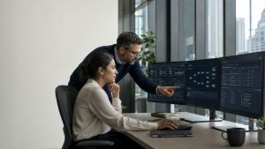 Cloud and security specialists reviewing AWS platform monitoring dashboards for a critical banking environment.