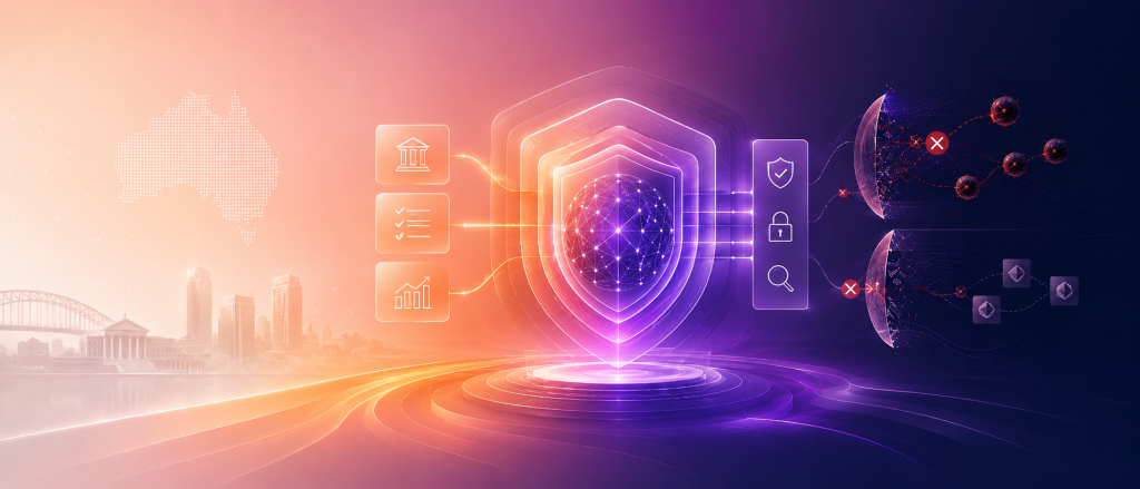 Shielded AI network with governance controls, Australian regulatory cues and blocked threat nodes, representing trustworthy AI governance for financial services.