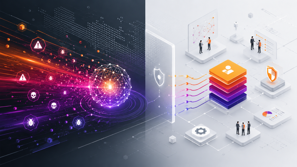 Abstract cyber security illustration showing AI-driven threat signals moving rapidly towards a structured governance and defence system with layered controls, connected teams and security icons.
