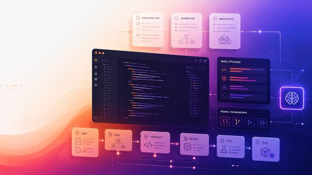 Abstract AI coding workflow showing a code editor, context files, reusable prompt cards, automation hooks and a spec-to-ship development pipeline, representing how senior engineers use AI coding tools with context, craft and control.