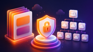 Abstract 3D illustration of cloud security governance, showing a glowing shield, layered policy documents and an AWS account hierarchy